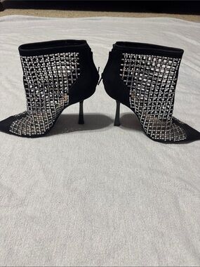 INC International Concepts Black Mesh Senalda rhinestone cage ankle booties.